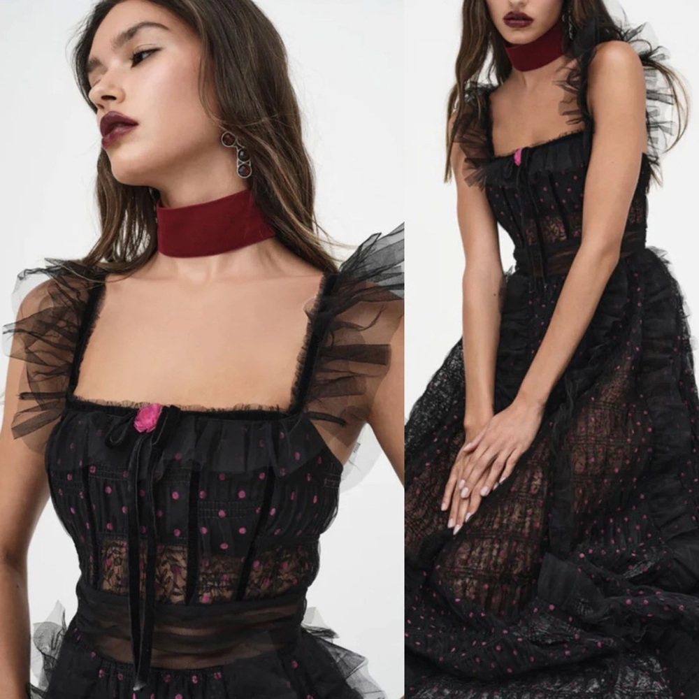 NWT For Love & Lemons Janelle Tulle Ruffle Polka Dot Maxi Dress - Picture 2 of 8